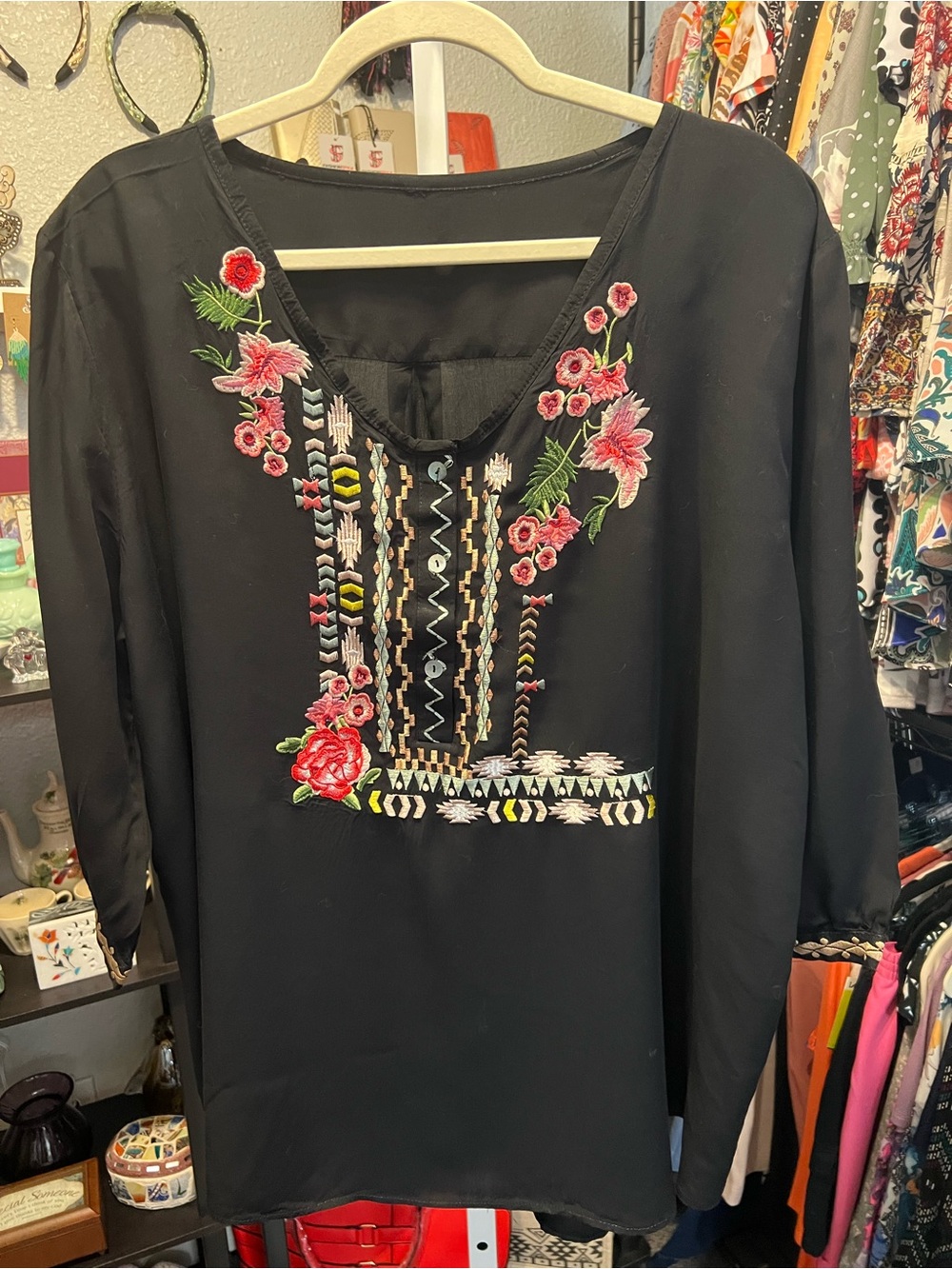Black Embroidered V-Neck Tunic with Pink Floral Accents